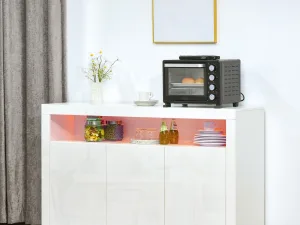 Bufet Modern cu 3 Usi cu Lumini LED Colorate si Telecomanda, Dulap Multifunctional din Lemn cu finisaj lucios, pentru buatarie si Sufragerie, Alb