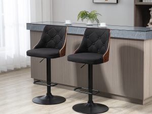 Set de 2 scaune de bar cu inaltime reglabila,  pivotante cu inaltime reglabila , cu suport pentru picioare , negru si nuc