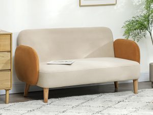 Canapea cu 2 Locuri în Stil Nordic din Material Textil cu Brațe și Picioare din Lemn, 138x73x74 cm, Alb Crem