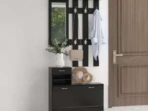 Dulap pentru Intrare Cuier cu Pantofar si Oglinda, Rafturi si Sertar, Dulap Cuier din PAL, 90x10x91 cm, Negru