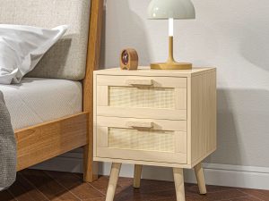 Noptieră pentru Dormitor cu 2 Sertare în Stil Boho, 40x40x56cm, Culoare Lemn Natural