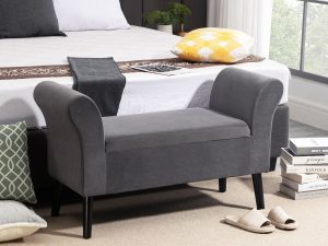 Banca de Depozitare Capitonata pentru Dormitor si Hol, Banca la Capatul Patului din Tesatura Catifelata cu Cotiere, 111,5x41x65cm, Gri