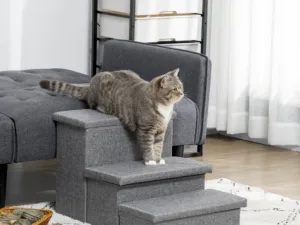 Scara pentru Caini si Pisici max 5kg cu 3 Trepte cu Spatiu Interior, din Tesatura Efect In si MDF, 63.5x42.5x40.5 cm, Gri Deschis
