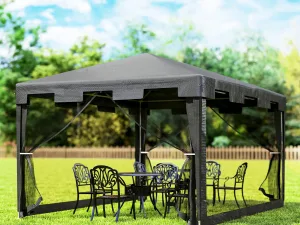 Foisor 4x3 m cu Plasa de Tantari si 2 Intrari, Foisor de Gradina din Metal si PE, Gri Inchis