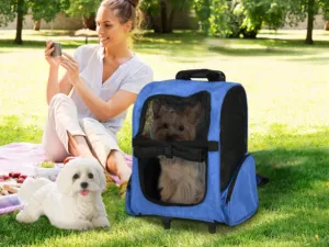 Rucsac 2-în-1 pentru Câini și Pisici cu Buzunare Laterale, Mâner Telescopic și Roti, 42x25x55 cm, Albastru