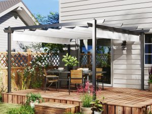Pergolă Retractabilă cu Structură din Aluminiu, Copertină de Soare pentru Grădină sau Terasă, 390x390x223 cm, Alb