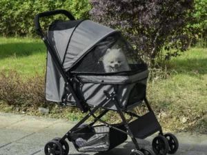 Carucior pentru Caini Pliabil cu Maner Reversibil si Roti din EVA, Gri