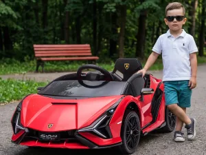 Masina electrica pentru copii 12V Lamborghini cu faruri si muzica, telecomanda si viteza 3-8 km/h, 108x62x40cm, Rosie