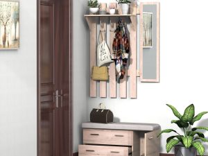 Set Hol 3 Piese – Dulap Pantofi, Cuier cu Oglinda, Design Lemn