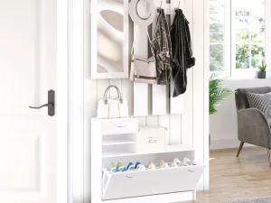 Mobila de Hol Moderna Garderoba Set Cuier, Oglinda si Dulap Pantofi 3 in 1, in Lemn Alb
