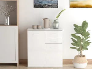 Mobilier Comoda 2 Sertare 2 Usi cu Raft Reglabil din Lemn, Alb Lucios, 71x35x76cm