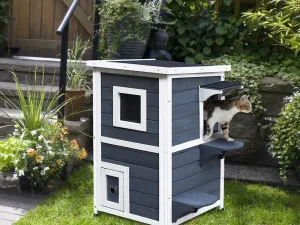 Casuta pentru Animale de Companie pentru Exterior cu 2 Nivele, din Lemn Gri si Alb 51 x 51 x 81.3cm