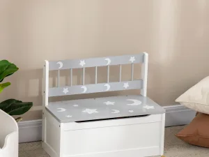 Cufar de jucarii moderna 2 in 1, scaun pentru copii, MDF si lemn de pin, 60x30x50 cm, alb si gri