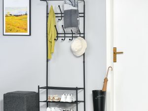 Cuier Banca pentru Hol cu Rafturi Pantofi in Otel, Negru, 67x30x185cm