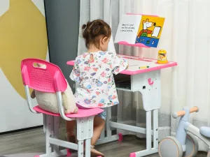 Set Birou și Scaun pentru Copii 6-12 Ani, Înălțime Reglabilă, Lampă LED, Sertar Depozitare, Suport Cărți, Roz