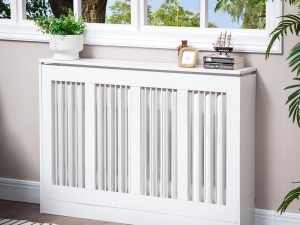 Capac pentru radiator modern din MDF si otel, 120x18x84cm, Alb
