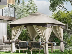 Foișor de Grădină 3x3m, Pavilion Exterior cu Acoperiș Dublu, Include Plasă de Tânțari și Draperii Laterale, Cadru Metalic Robust, Bej/Maro