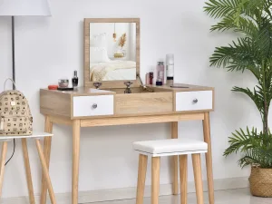 Set Masa Machiaj – Stejar , Cu Oglinda Glisanta & Scaun Tapitat