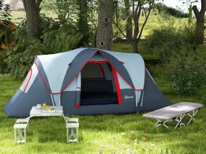 Cort de Camping pentru 4 Persoane Impermeabil cu Ferestre și Stâlpi din Fibră de Sticlă, 4.55x2.3x1.8 m, Gri