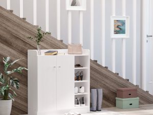 Suport Pantofi Lemn Alb – 83×30×90 cm cu Rafturi Deschise