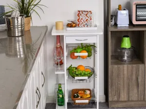 Carucior de Bucatarie cu Economisire de Spatiu din Lemn Alb cu 4 Roti 3 Cosuri Detasabile