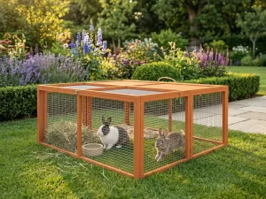 Cușcă pliabilă de exterior pentru 2-3 rozătoare, cu multiple intrări, din lemn și oțel, 110x105x50 cm, portocaliu