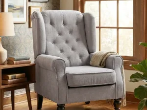 Fotoliu Chesterfield in Tesatura Detasabila cu Sezuta Ampla Gri 74 x 86 102 cm