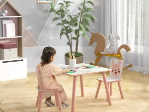 Set masa si scaun 3 piese pentru copii lemn de pin cu desene , Roz