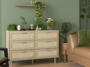 Comodă cu 6 Sertare din Lemn și Ratan Stil Boho pentru Living și Dormitor, 110x40x75 cm