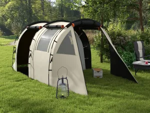Cort de Camping pentru 4-5 Persoane cu Capac Blackout, Cort Tunel Impermeabil cu Geantă de Transport, 460x230x180 cm, Kaki