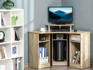 Birou Unghiular pentru Camera Birou pentru Computer din Lemn cu Raft pentru Monitor