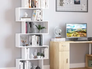 Bibliotecă Modernă cu 6 Rafturi, Design în Formă de S, Raft de Depozitare din Lemn pentru Living sau Birou, 80x24x191cm, Alb