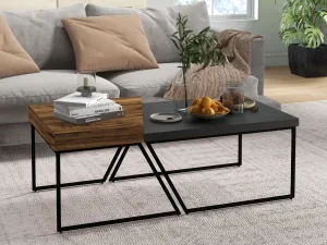 Set 2 Masute de Cafea din PAL si Otel in Stil Industrial, Masa Neagra 80x60x42 cm si Masa Maro 60x60x46 cm