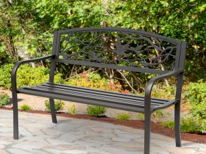 Banca de Exterior din Otel si Fonta cu Spatar cu Decoratiuni 127x60cm Maro