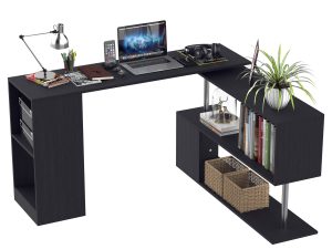 Birou Unghiular L cu Rafturi 360° – Lemn Negru, Modern & Practic