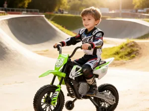 Motocicletă electrică pentru copii cu roți ajutătoare și indicator de încărcare, din PP și metal, 107x56x70 cm, verde
