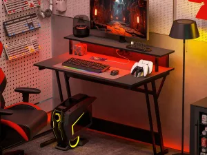 Birou Gaming cu Lumini LED și Suport pentru Monitor, din PAL și Oțel, 100x60x88.5 cm, Negru