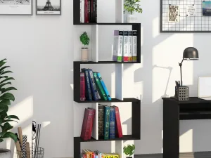 Biblioteca de perete, 5 rafturi, 60x24x184.5cm , Alb / Negru