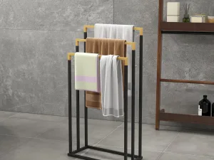 Suport pentru Prosoape cu 3 Bare din Bambus si Otel cu Design Autoportant, 45x22.5x86 cm, Negru si Lemn Natur