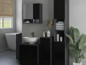 Dulap Baie, Inalt de 183cm, Dulap cu 2 rafturi deschise si doua dulapuri cu 2 nivele, Negru