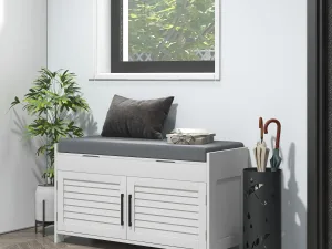 Bancă pentru pantofi cu raft interior reglabil pe 3 niveluri, din MDF și material textil cu aspect de in, 90x36x50 cm, alb și gri