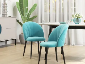 Set 2 scaune pentru camera de zi si sufragerie tapitate, cu design nordic si ergonomic, din metal si tapiterie cu efect de catifea verde deschis, 52x54x79 cm