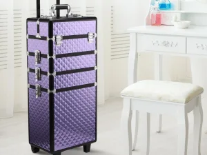 Valiza Machiaj Profesional – Aluminiu Mov cu Trusa Detasabila