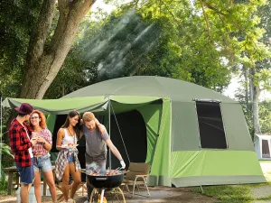Cort de Camping pentru 8 Persoane, 410x310x225 cm, cu Verandă Mare, 2 Camere Compartimentate, Rezistent la Apă și Vânt, Verde