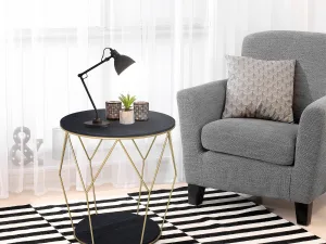 Masuta Rotunda Design Geometric din Metal si MDF Negru si Auriu