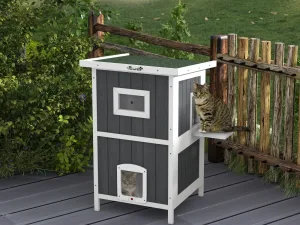 Casa Exterior Pisici – 2 Niveluri, Lemn Natural Rezistent