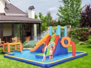 Castel Gonflabil cu Tobogan, Perete de Cățărare, Tun de Apă, Inel de Baschet și Poartă de Fotbal, 590x460x220 cm, Multicolor