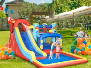 Castel Gonflabil pentru Copii cu Tobogan Piscina Trambulina Perete de Catarat, Casa Gonflabila cu Suflanta Geanta de Depozitare, 4,35 x 2,45 x 2 m