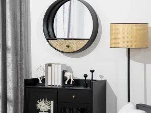 Oglinda de perete rotunda Ø61cm, oglinda decorativa cu sertar si cadru din metal si MDF, Negru