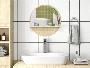 Oglindă de Baie Rotundă din PAL și Sticlă cu Raft pentru Depozitare și 2 Cârlige pentru Fixare, Ø45x10 cm, Lemn Natural